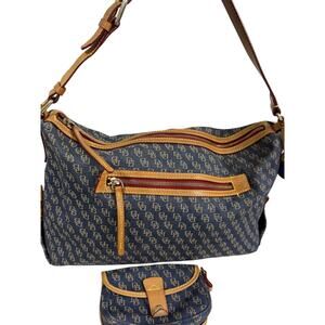VTGDooney & Bourke Monogram Logo Shoulder Bag Matching Pouch Navy Canvas Leather